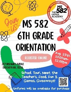 6th Grade Orientation on August 27 from 10-12